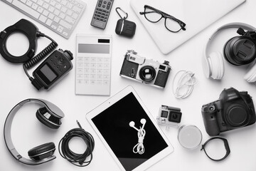 Different modern devices on white background