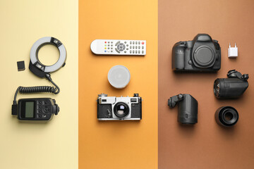 Different modern devices on color background