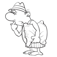 caricature of a man who stands in shorts and a hat with a pillow under his armpit, sketch, isolated object on a white background, vector illustration,