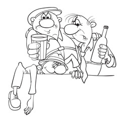 sketch of three men alcoholics with a bottle of alcohol, cartoon, isolated object on a white background, vector illustration,