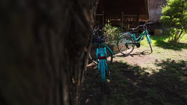 Vintage style blue bicycles in the nature near an old bungalow in Indonesia. 