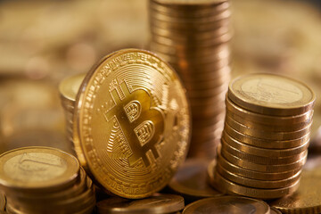 Stock Photo - Euro coins. Euro money. Euro currency.Coins stacked on each other in different positions. Money concept