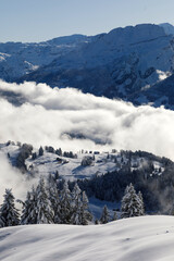 Winter landscape with fog towards Ibergeregg and Moutathal in central Switzerland