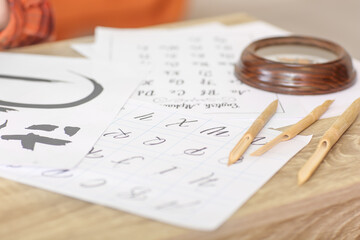 Tools for calligraphy on table