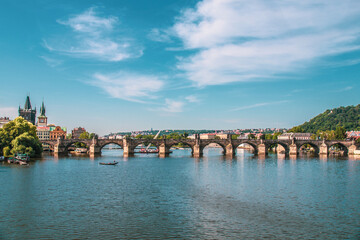 Scenic view of historical center Prague, Charles bridge, and buildings of the old town, Prague. is...