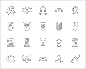 Set of awards and prizes icons line style. It contains such Icons as winner, cups, medals, badges, trophy, best, top and other. 