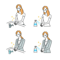 マスクして手洗い除菌をする女性