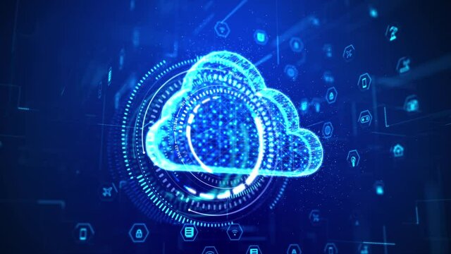 3D Rendering cloud computer with hologram and HUD head up display interface element, for cyber and futuristic concept with dark and grain processed