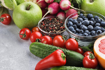 Collection of fruits and vegetables. Farm and garden products.
