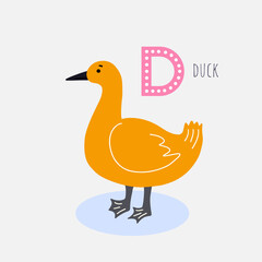 Card with the letter, the name of the animal and the image of a cute duck. Vector illustration