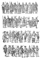 Military costume of soldiers empire vintage fashion collection 1210 - 1765 / Vintage and Antique illustration from Petit Larousse 1914	