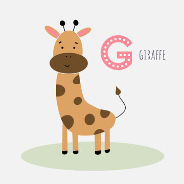 Card with the letter, the name of the animal and the image of a cute giraffe. Vector illustration