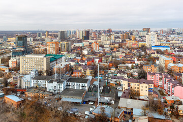 The autumn time landscape with rooftops of residential multistory buildings in the city. Rostov-on-Don, Russia