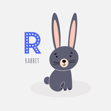 Card with the letter, the name of the animal and the image of a cute rabbit. Vector illustration