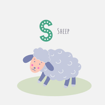 Card with the letter, the name of the animal and the image of a cute sheep. Vector illustration