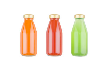 Organic vegetables juices - red tomato, carrot and spinach in glass bottles isolated on white background, mock up for design, advertising, branding