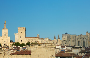 Avignon city skyline showing ancient buildings with clear blue sky