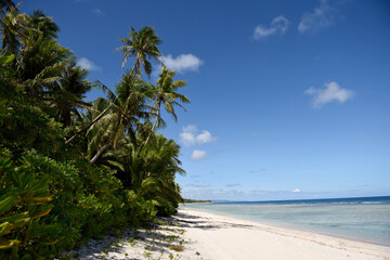 Sunny deserted tropical sandy beach with coconut trees and clear blue seas in Guam, Micronesia
