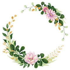 Wreath with Watercolor Green and Golden Leaves