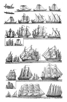Sailingships different types of Antique sailing ships / Vintage and Antique illustration from Petit Larousse 1914	