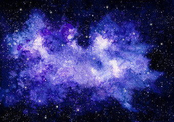 Fototapeta na wymiar Watercolor Bright Blue Nebula and Stars