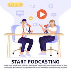 Podcast or interview concept. Podcasters recording a podcast with microphone and headphones. Vector banner illustration.