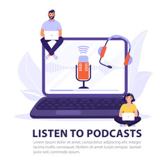 Listen to podcast concept design. People with headphones listens to a podcast. Laptop screen with microphone and headphones. Vector banner illustration.