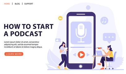 Podcasting or interview concept. Woman with big smart phone using podcast application. Podcaster recording podcast in studio with microphone and headphones. Vector web page banner illustration.