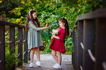 The concept of childhood, family and natural beauty. The sisters are walking in the Park with a basket of apples and daisies. Girls with smiling faces talk to each other.