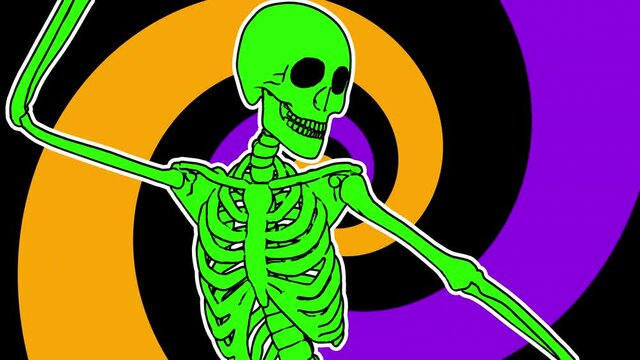 Seamless funny animation of a sexy dancing skeleton in comic style and green orange and purple color.Halloween zine culture video loop with a trendy cartoon illustration look 