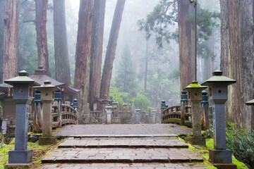 Okunoin Cemetery in Koya, Wakayama, Japan. Mount Koya is UNESCO World Heritage Site- Sacred Sites and Pilgrimage Routes in the Kii Mountain Range.