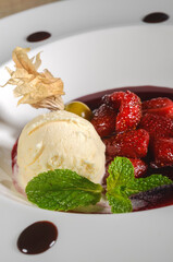 Vanilla ice cream with strawberry sauce Mediterranean French-style sweet food