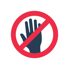 Don't touch icon. Black hand silhouette and red prohibition sign. Symbol rejection. Caution pictogram. Glyph stop icon. Vector illustration flat design. Isolated on white background.