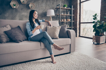 Portrait of her she nice attractive lovely charming cheerful dreamy girl sitting on divan alone drinking cacao resting weekend in modern loft industrial house apartment flat