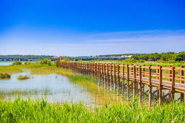Beautiful nature park Vrana lake (Vransko jezero), Dalmatia, Croatia, wooden path in observation park
