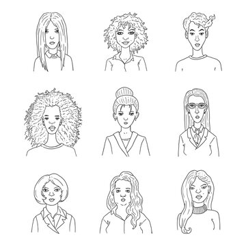 Vector Set of Outline Women Faces.