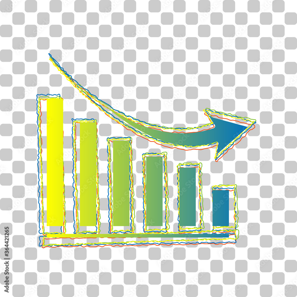 Poster declining graph sign. blue to green gradient icon with four roughen contours on stylish transparent 