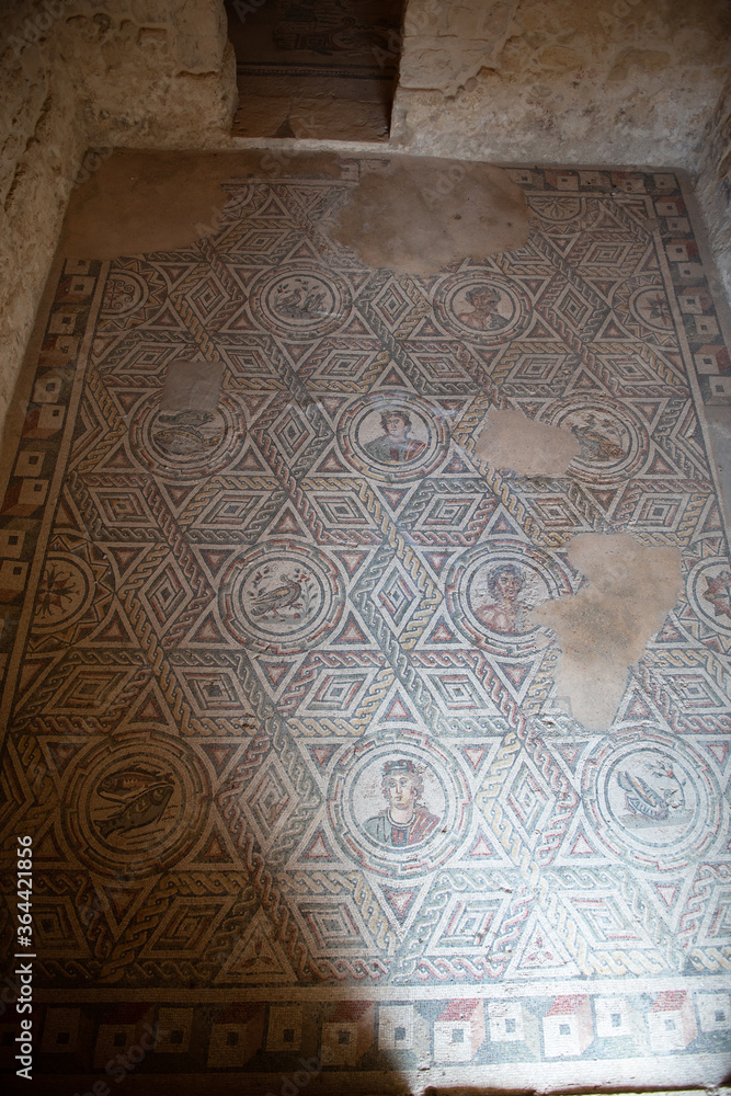 Wall mural Ancient roman Villa del Casale with beautiful mosaic built in the 3-4th century BC, Piazza Armerina, Sicily, Italy. Famous tourist attraction in Italy. Sicilian travel destination