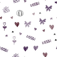 Dark Blue, Red vector seamless template in carnival style. Colorful illustration with aheart, baloon, candy, gift, star, ribbon. Pattern for carnival, festival ads.