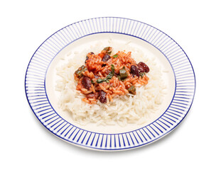Plate with tasty rice, beans and vegetables on white background