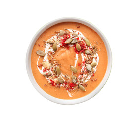 Bowl of tasty lentils soup on white background