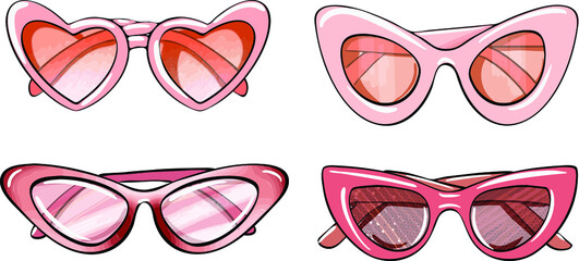 Pink women's glasses, 4 different options in shape and shades of pink. Different color solutions for glasses. Flat drawing style. Vector graphics. Handmade drawing