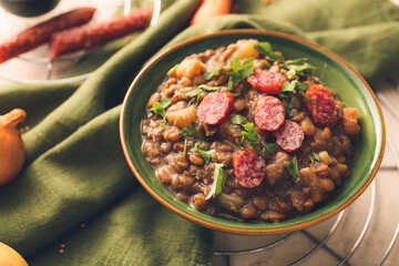 Bowl of tasty lentils soup on table