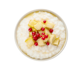 Bowl with boiled rice and fruits on white background