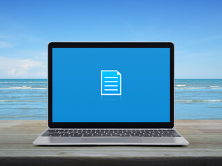 Document flat icon with modern laptop computer on wooden table over tropical sea and blue sky with white clouds, Technology communication online concept