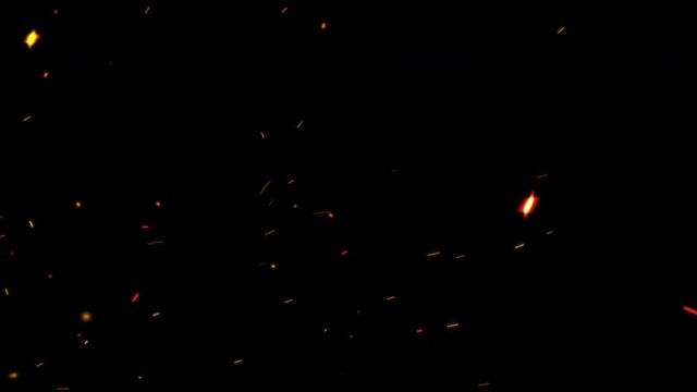 Abstract particle dust burning hot sparks random flowing on black background. Seamless looped 3d animation dust and fiery orange glowing particles flying for overlay your cinematic footage.