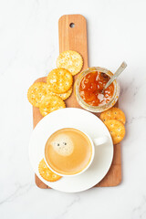 jam with crackers and coffee for breakfast.