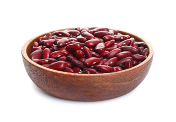 Plate with raw beans on white background