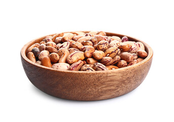 Plate with raw beans on white background