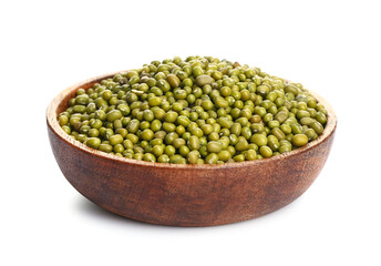 Plate with raw mung beans on white background